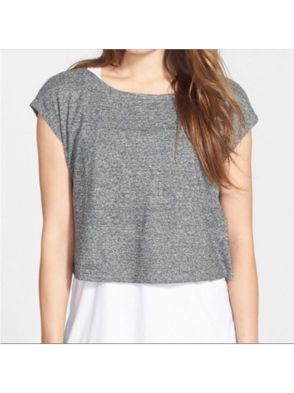 EILEEN FISHER Organic Cotton & Linen Gray Square Boxy Crop Tee, Size L Large